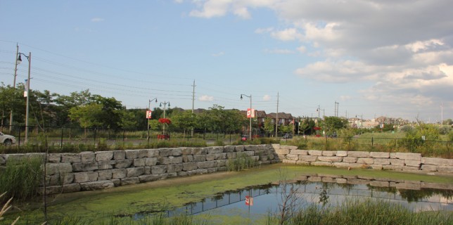 A recently upgraded stormwater pond at the corner of Wellington St. and Mary St. in Aurora